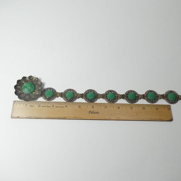 Metal Flower Link Belt w/ Carved Green Glass 26" Small Vintage Victorian - Picture 12 of 13